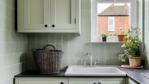 Small kitchen utility room painted in a light mint green colour with matching square tiles and kitchen cabinets