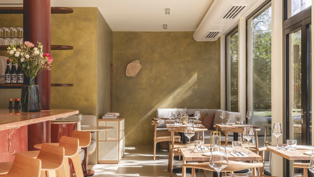 spacious restaurant with strong natural light coming in from the windows on the right, lime-wash painted olive green walls and natural orange-toned chairs