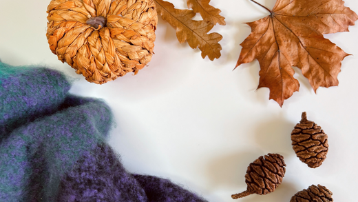 white neutral background surrounded by brown autumn leaves, an orange decorative pumpkin, decorative brown pine cones and a dark blue wool shawl