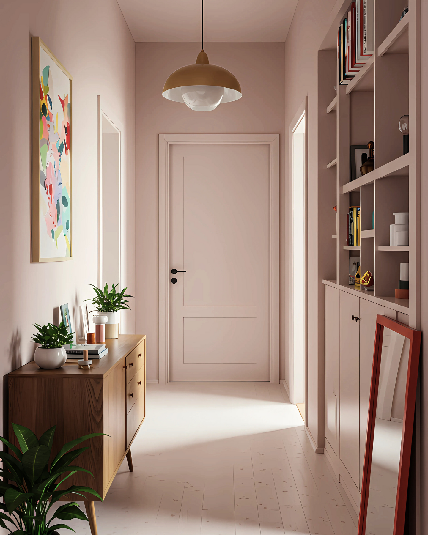 hallway drenched in a soft muted pale peachy pink. midcentury sideboard on the left. red framed mirror on the right, standing on the floor against the bookshelf